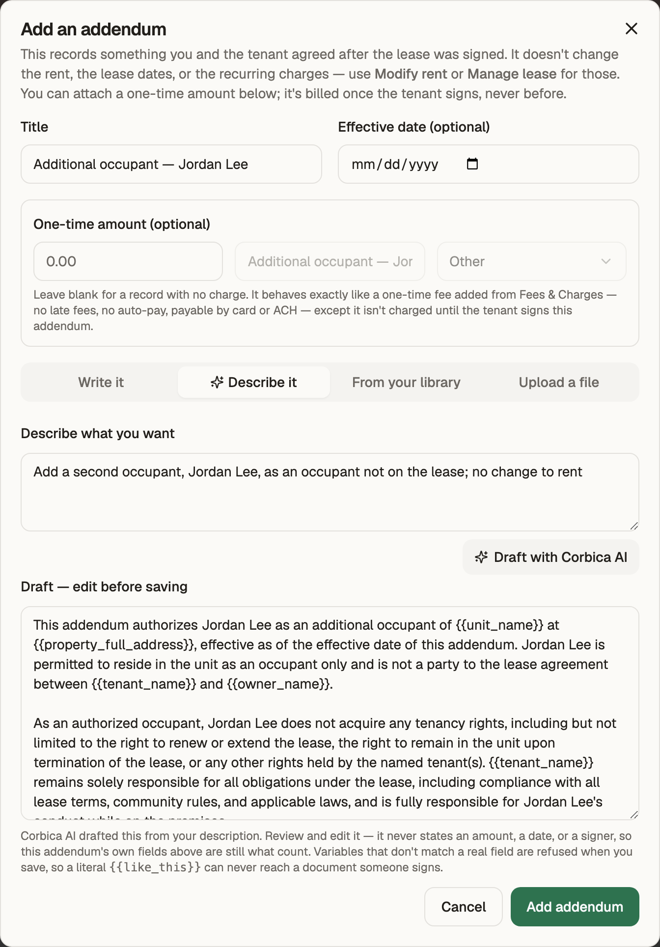 Corbica AI drafting an occupant addendum from a one-line description