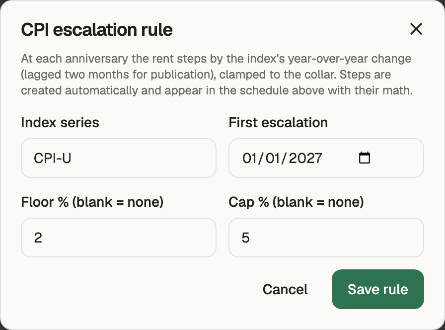 Setting a CPI escalation rule with a 2% floor and 5% cap